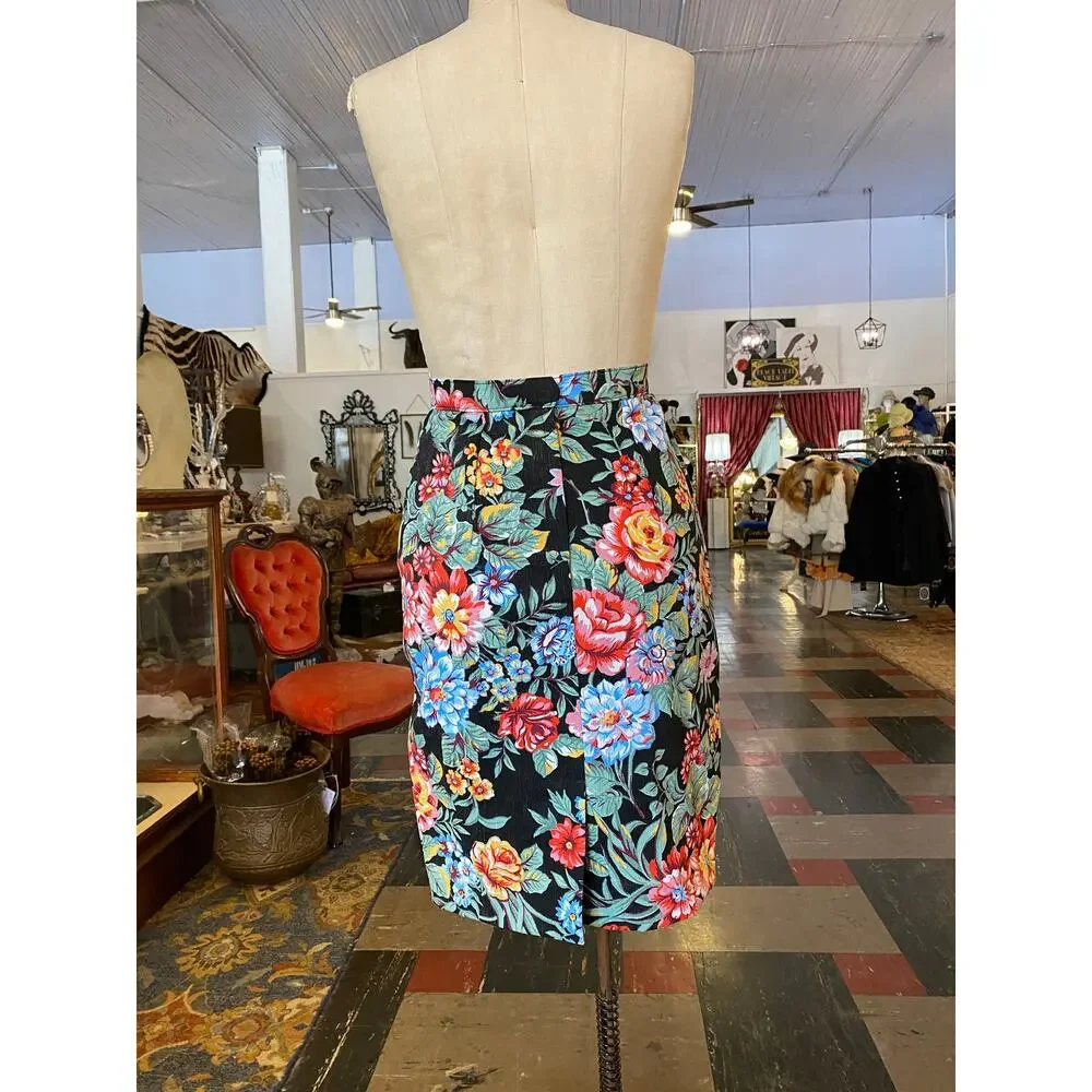 1980s denim skirt and jacket bright flower print 80s fashion 2 piece jean sm - Picture 8 of 10